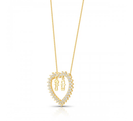 Colar coracao zirconia cristal com casal. 18x18mm. 161720
