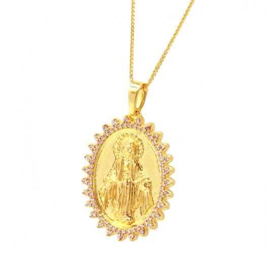 Colar medalha oval fosca Nossa Senhora das Gracas com zirconia cristal em volta, 21x15mm. 162019