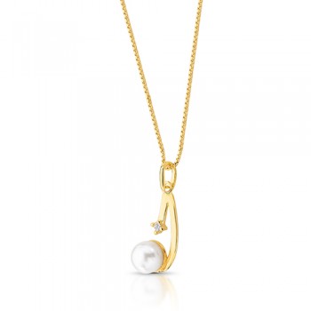 Colar haste lisa com perola e zirconia cristal nas pontas, corrente 45cm. 1635510