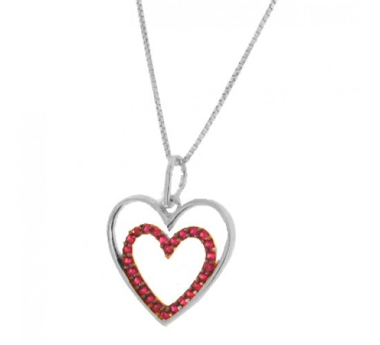 Colar coracoes vazados com coracao maior liso e menor zirconia vermelha. 10x10mm, prata. 360021
