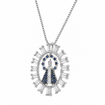 Colar aro oval baguete cristal com Nossa Senhora Aparecida manto zirconia azul, 16x13mm, prata. 360022
