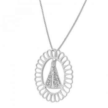 Colar Nossa Senhora Aparecida zirconia cristal com aro oval vazado, 16x13mm, Prata.  360031