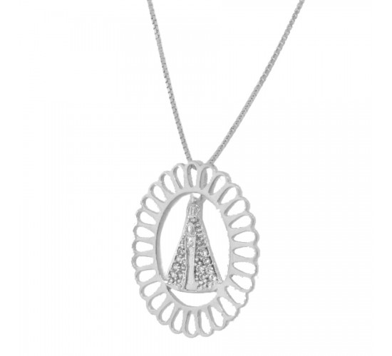 Colar Nossa Senhora Aparecida zirconia cristal com aro oval vazado, 16x13mm, Prata.  360031