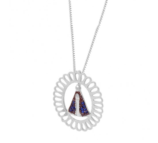 Colar Nossa Senhora Aparecida zirconia azul safira com aro oval vazado, 16x13mm, Prata.  360033