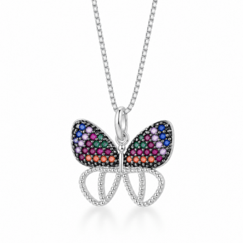 Colar borboleta asas zirconia laranja, rosa, verde azul e lilas em cima e asas vazadas embaixo. 8x13mm, prata. 360036