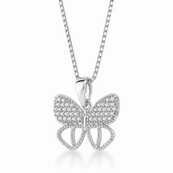 Colar borboleta asas com zirconia cristal em cima e vazada embaixo, corrente 45cm. 8x13mm, prata. 3600360