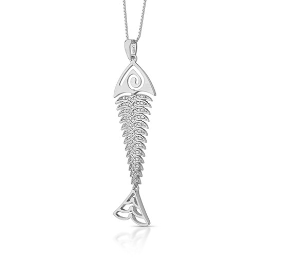 Colar peixe articulado com zirconia cristal, 46mm, Prata. 360067