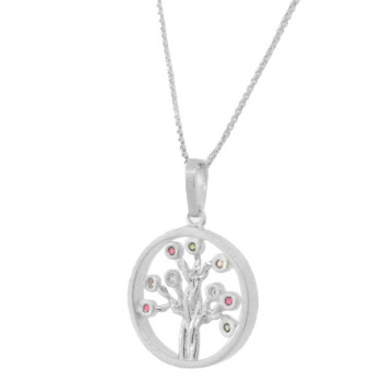 Colar arvore da vida pequena zirconia colorida, Prata.  360079