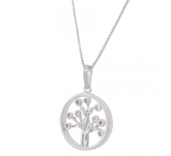 Colar arvore da vida pequena zirconia colorida, Prata.  360079