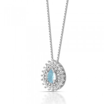 Colar gota pedra maior agua marinha zirconia cristal em volta, 7x5mm, Prata. 360095