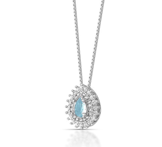 Colar gota pedra maior agua marinha zirconia cristal em volta, 7x5mm, Prata. 360095