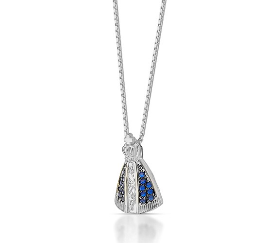 Colar Nossa Senhora Aparecida pequena com manto zirconia azul, 9x5mm, Prata. 360316