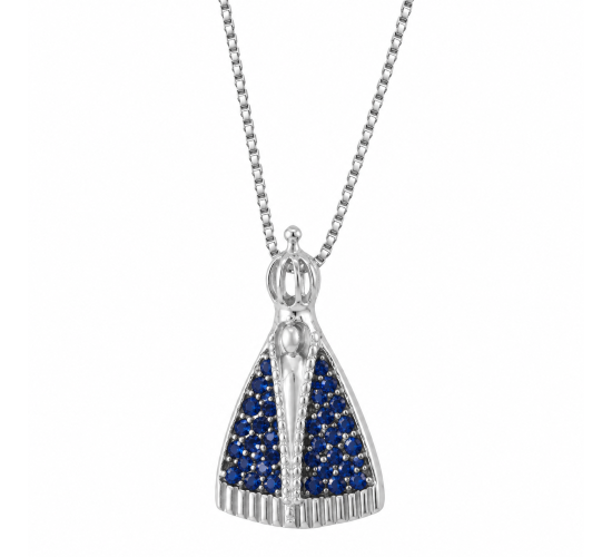 Colar Nossa Senhora Aparecida pequena com manto zirconia azul, 12x6mm, prata. 360336