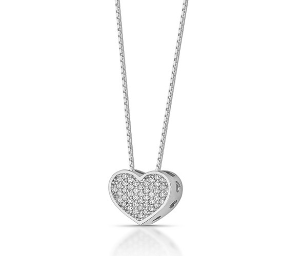 Colar coracao reto todo cravejado zirconia branca,  Prata. 360517