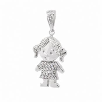 Pingente menina zirconia cristal, cabeca balanca, prata. 360570