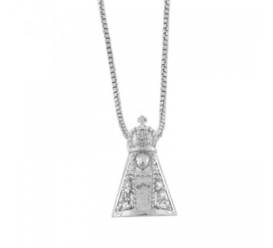 Colar Nossa Senhora Aparecida pequena com manto zirconia cristal, 6x2mm, Prata. 360713
