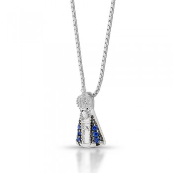 Colar Nossa Senhora Aparecida pequena com manto zirconia azul, Prata. 360715