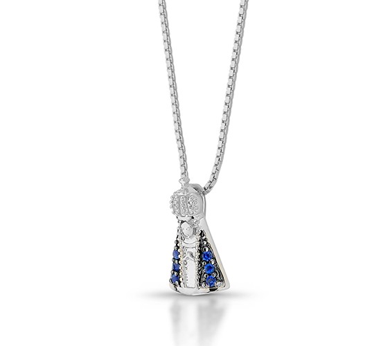 Colar Nossa Senhora Aparecida pequena com manto zirconia azul, Prata. 360715