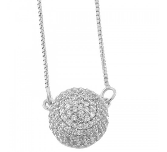 Colar meia esfera pequena  todo cravejado com zirconia cristal, Prata. 360726