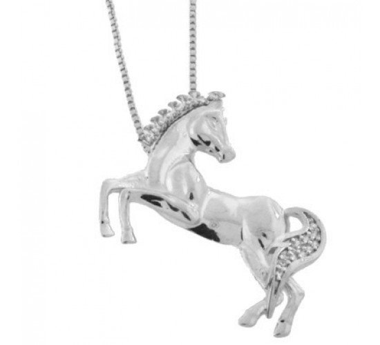 Colar cavalo liso olhando para tras com crina e rabo zirconia cristal, 24x21mm, Prata. 360804