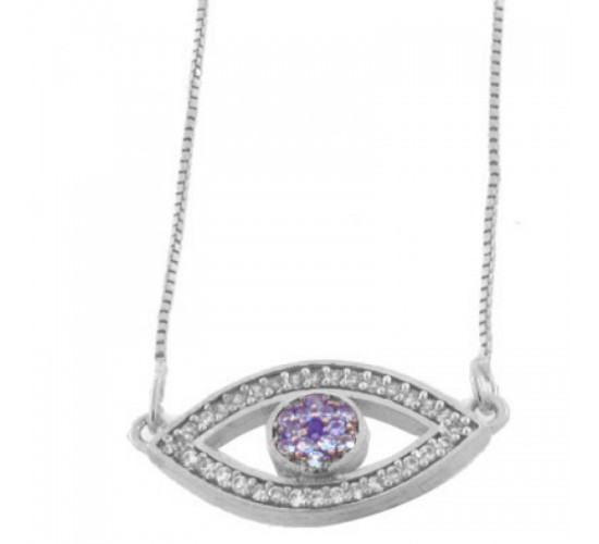 Colar olho grego zirconia azul claro com zirconia cristal em volta. 5x14mm, prata. 360947