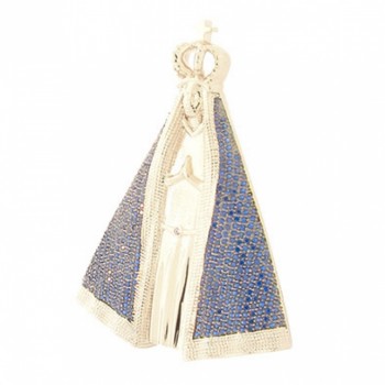 Pingente Nossa Senhora Aparecida grande com manto zirconia azul, 53x40mm, Prata.  361026