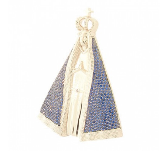 Pingente Nossa Senhora Aparecida grande com manto zirconia azul, 53x40mm, Prata.  361026