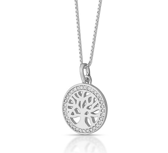 Colar arvore da vida pequena com zirconia cristal em volta, 9mm, Prata.  361046