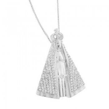 Colar Nossa Senhora Aparecida media com manto zirconia cristal, 26x19mm, Prata.  361085