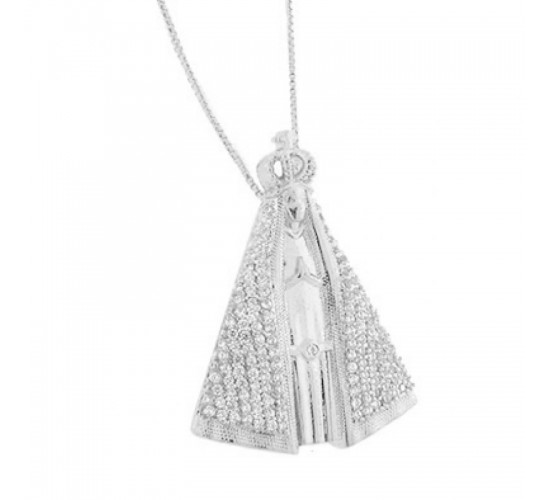 Colar Nossa Senhora Aparecida media com manto zirconia cristal, 26x19mm, Prata.  361085