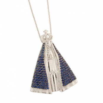 Colar Nossa Sra Aparecida media manto zirconia azul, 25x22mm, Prata.  361111