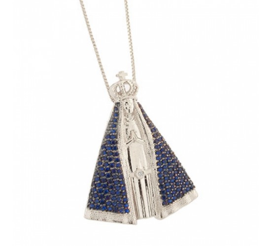 Colar Nossa Sra Aparecida media manto zirconia azul, 25x22mm, Prata.  361111