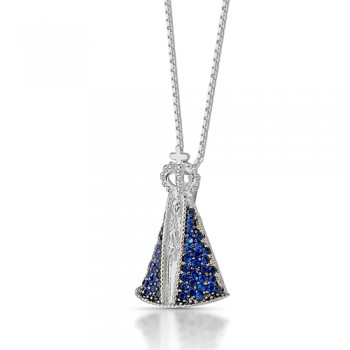 Colar Nossa Senhora Aparecida com manto zirconia azul, 18x13mm, Prata.  361223