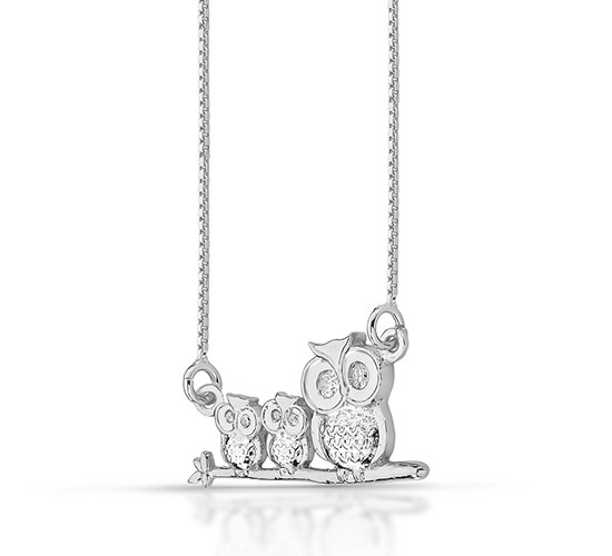 Colar mae coruja com 2 filhos zirconia cristal, 6x17mm, Prata. 361229