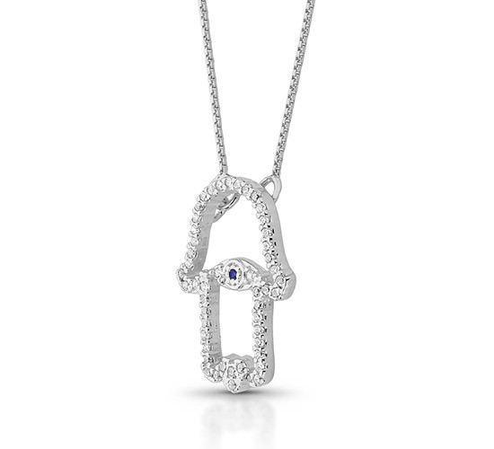 Colar mao de fatima vazada zirconia cristal com zirconia azul no centro. 15x9mm, prata. 361238