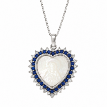 Colar coracao madre perola sagrado coracao de jesus com zirconia azul e cristal em volta, 18x17mm, prata. 361335