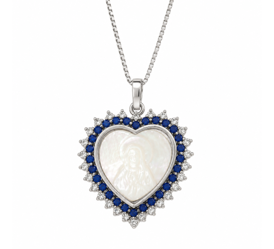 Colar coracao madre perola sagrado coracao de jesus com zirconia azul e cristal em volta, 18x17mm, prata. 361335