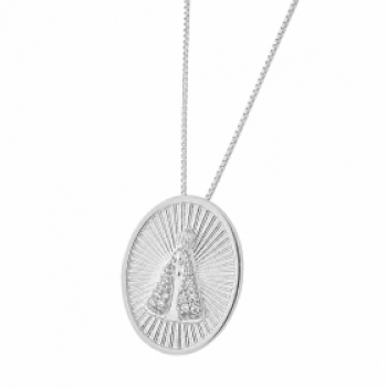 Colar medalha Nossa Senhora Aparecida manto zirconia cristal, oval com detalhes dentro, prata. 361461