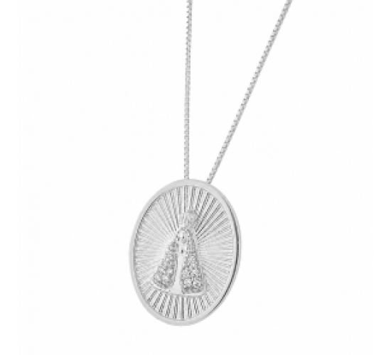 Colar medalha Nossa Senhora Aparecida manto zirconia cristal, oval com detalhes dentro, prata. 361461