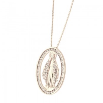 Colar Nossa Senhora Das Gracas manto zirconia cristal e aro oval zirconia cristal, Prata.  361493