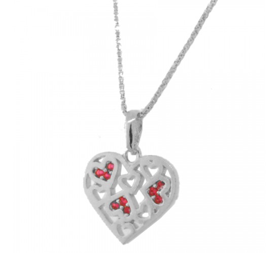 Colar coracao com coracoes liso e zirconia vermelha dentro. 6x7mm, prata. 361564