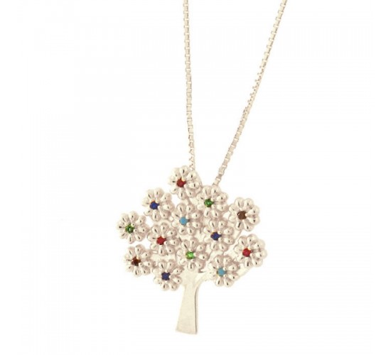 Colar arvore com flores zirconia colorida, Prata. 361568