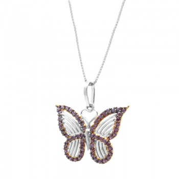 Colar borboleta pequena vazada com zirconia lilas em volta, 10x14mm, Prata. 361623