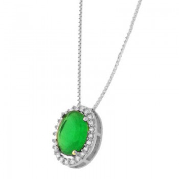 Colar oval pedra maior verde esmeralda com zirconia cristal em volta, 6x4mm, Prata. 361625