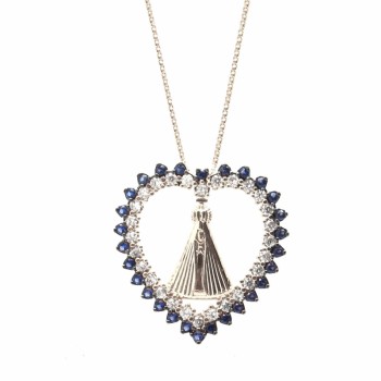 Colar coracao zirconia azul na borda, zirconia cristal dentro com Nossa Senhora Aparecida, Prata.  361635