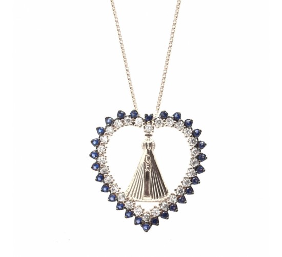 Colar coracao zirconia azul na borda, zirconia cristal dentro com Nossa Senhora Aparecida, Prata.  361635