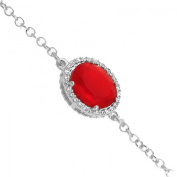 Pulseira com pedra oval vermelho rubi, Prata.  361664