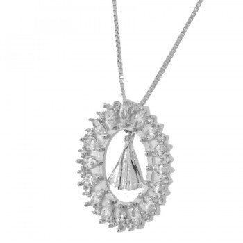 Colar Nossa Senhora Aparecida lisa com aro oval navete cristal, 14x11mm, Prata.  361668