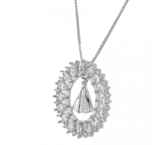 Colar Nossa Senhora Aparecida lisa com aro oval navete cristal, 14x11mm, Prata.  361668