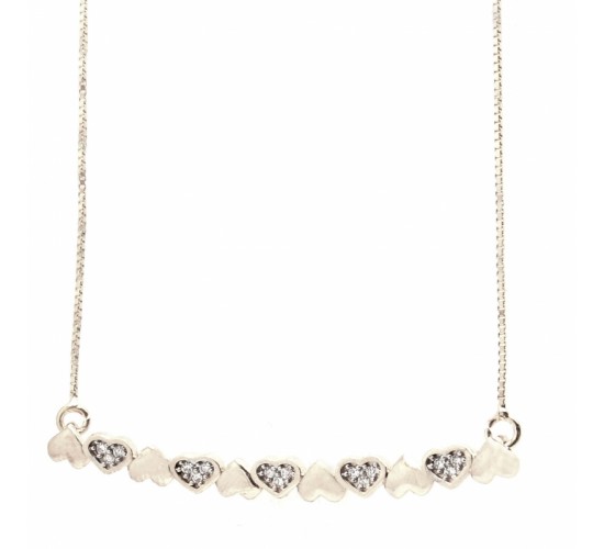 Colar intercalado coracoes lisos e zirconia cristal, prata. 361669